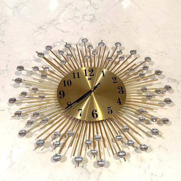 Retro decorative analog wall clock, gold-toned sputnik design crystal accents - Picture 1 of 6